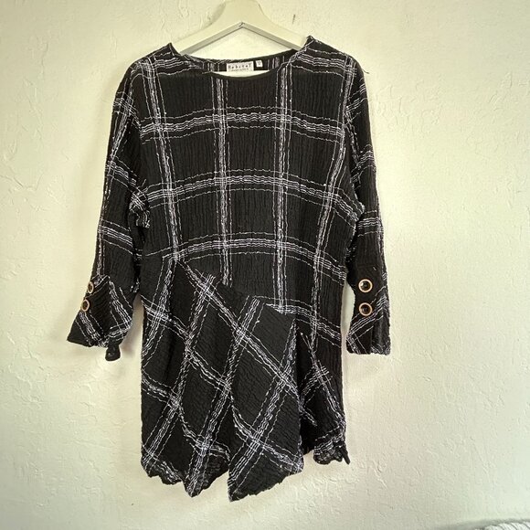 Habitat Black White Plaid Textured Asymmetric Tunic Top XL Linen Blend Artsy - Picture 1 of 9